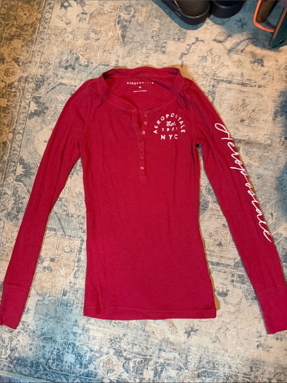 Aeropostale Women's Burgundy Long-Sleeve Henley with Script Sleeve